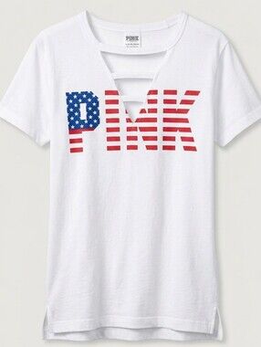 [[PINK VS]] Patriotic Print V Neck Tee.
